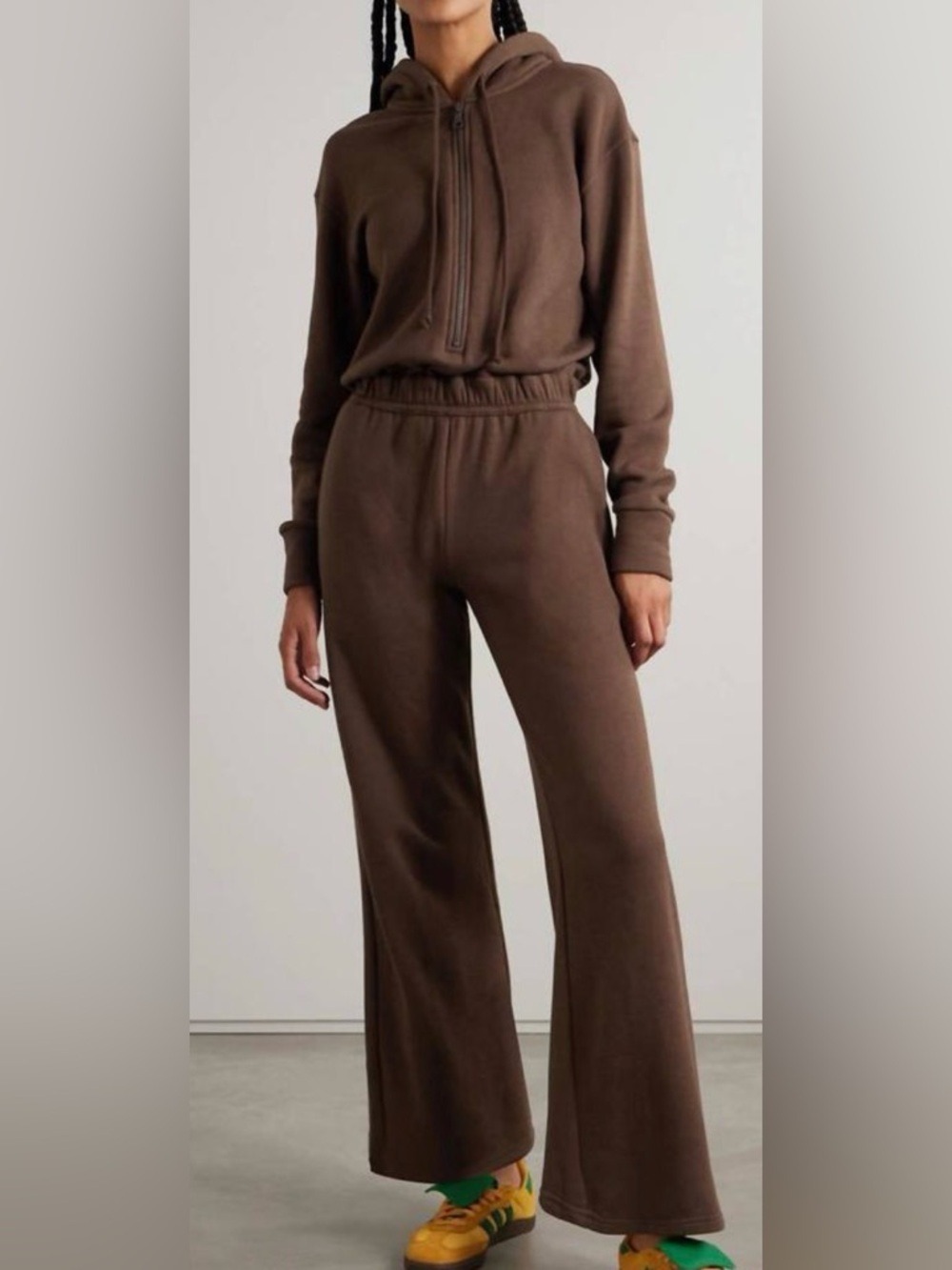 Rivet Utility Manifester Jersey Hooded Jumpsuit in Brown